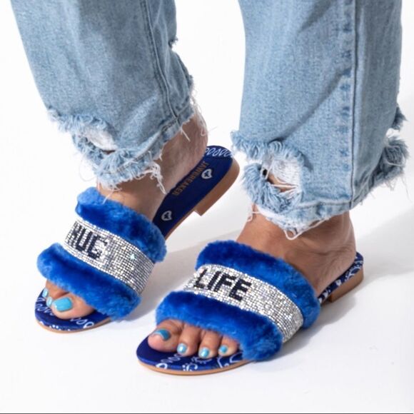 THUG LIFE Faux Fur Blue Bandana Slide - Picture 10 of 12